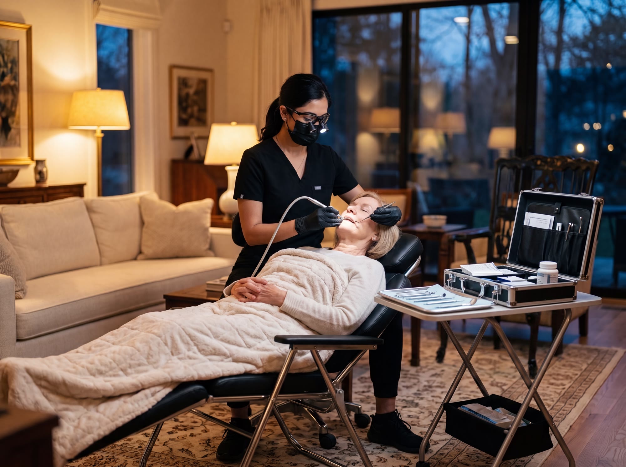 An Onyx Dental clinician caring for a patient reclined in a portable dental chair under a weighted blanket, in the patient's living room